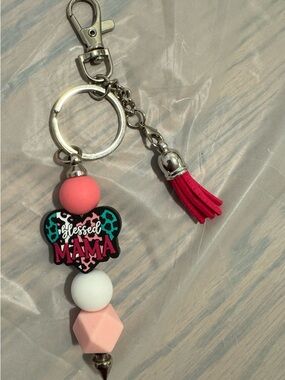 Blessed Mama Heart Beaded Key & Card Holder - Pink and White